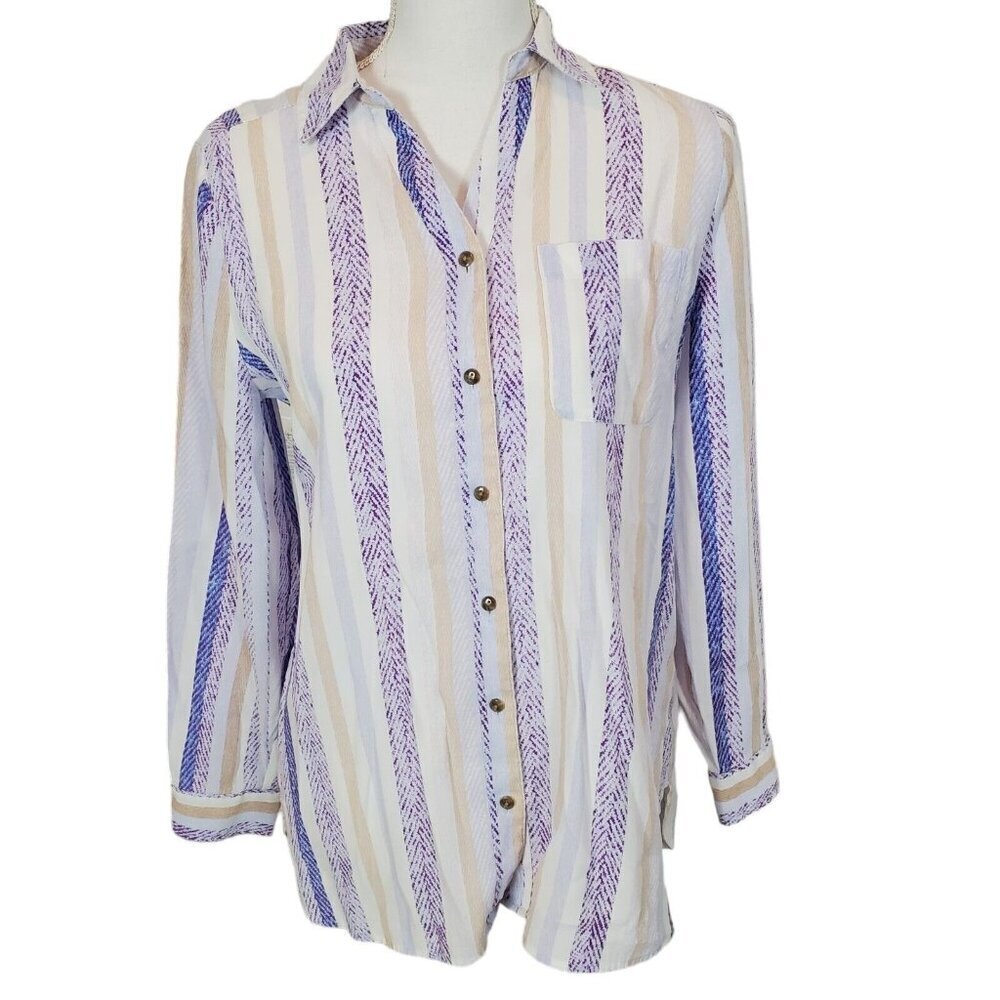 Chico's Button Up Shirt Size 0 US Small Lightweight White Blue Tan Stripes Coast